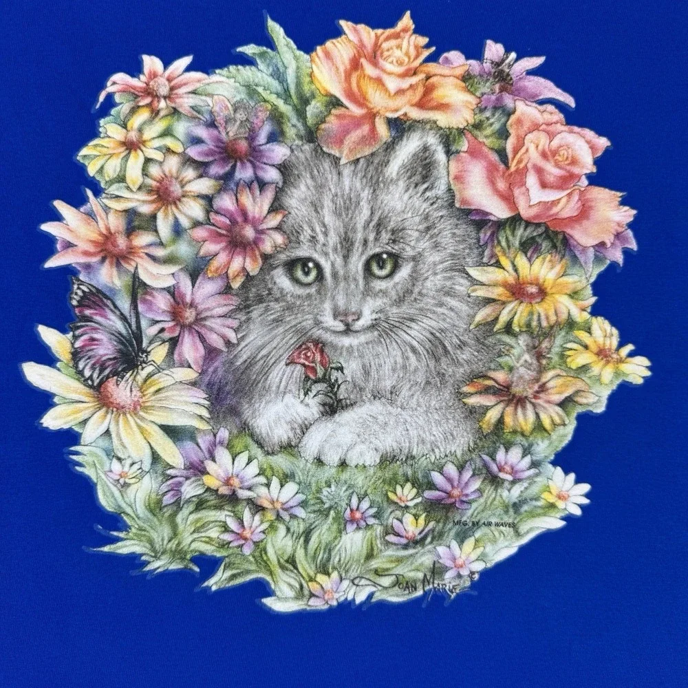 VTG Y2K Air Waves Joan Marie Cat Floral‎ Graphic T Shirt Blue Kitten Tee XL